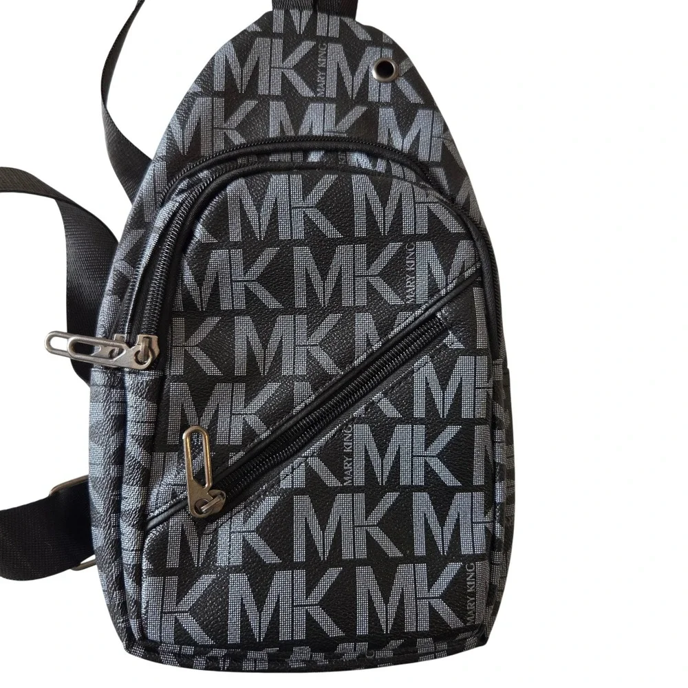 Mary King Black Monogram Sling Backpack Crossbody Bag MK Print Vegan Leather